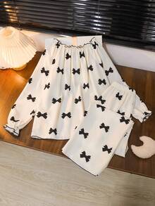 Girls French Style Pajama Set, Apricot Bottom With Black Bow Puff Crepe Print 2 Pieces Set, Suitable For All Seasons, Soft And Breathable Loungewear - Apricot - View 4
