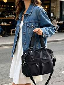 Tas Tote Wanita Minimalis Serbaguna Warna Solid Bahan Nilon dengan Banyak Kantong, Tas Tangan Gaya Mahasiswa Kapasitas Besar untuk Kembali ke Sekolah dan Liburan, Tas Bahu Ringan Kasual untuk Aktivitas Luar Ruangan, Perjalanan, Belanja, dan Perjalanan, Tas Selempang untuk Kerja, Bisnis, dan Perjalanan Sehari-hari - Hitam - View 4