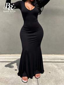 BR Chic Women's Black Long Sleeve Deep V-Neck Fitted Ribbed Knit Dress, Mermaid Tail Style Long Dress, Create A Sleek And Elegant Look, Medium Stretch - Black - View 1