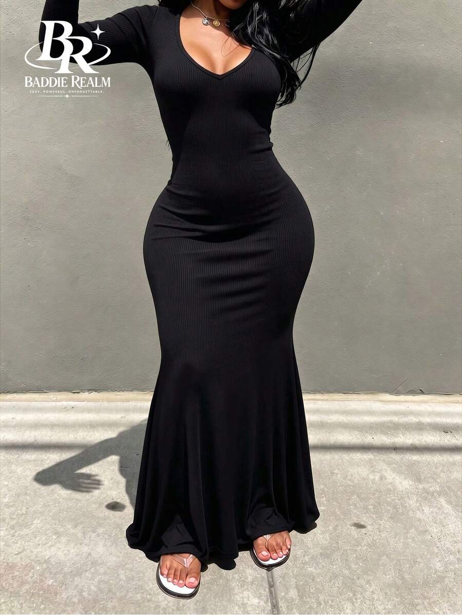 BR Chic Women's Black Long Sleeve Deep V-Neck Fitted Ribbed Knit Dress, Mermaid Tail Style Long Dress, Create A Sleek And Elegant Look, Medium Stretch - Black - View 1