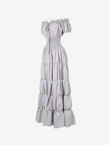 Women's Elegant Boho Gothic Two-Piece Outfit, Waistband And Off-Shoulder Puff Sleeve Tiered Ruffle Hem Long Skirt, Casual Party For Fall,Halloween. - 灰色+棕色 - 查看 5