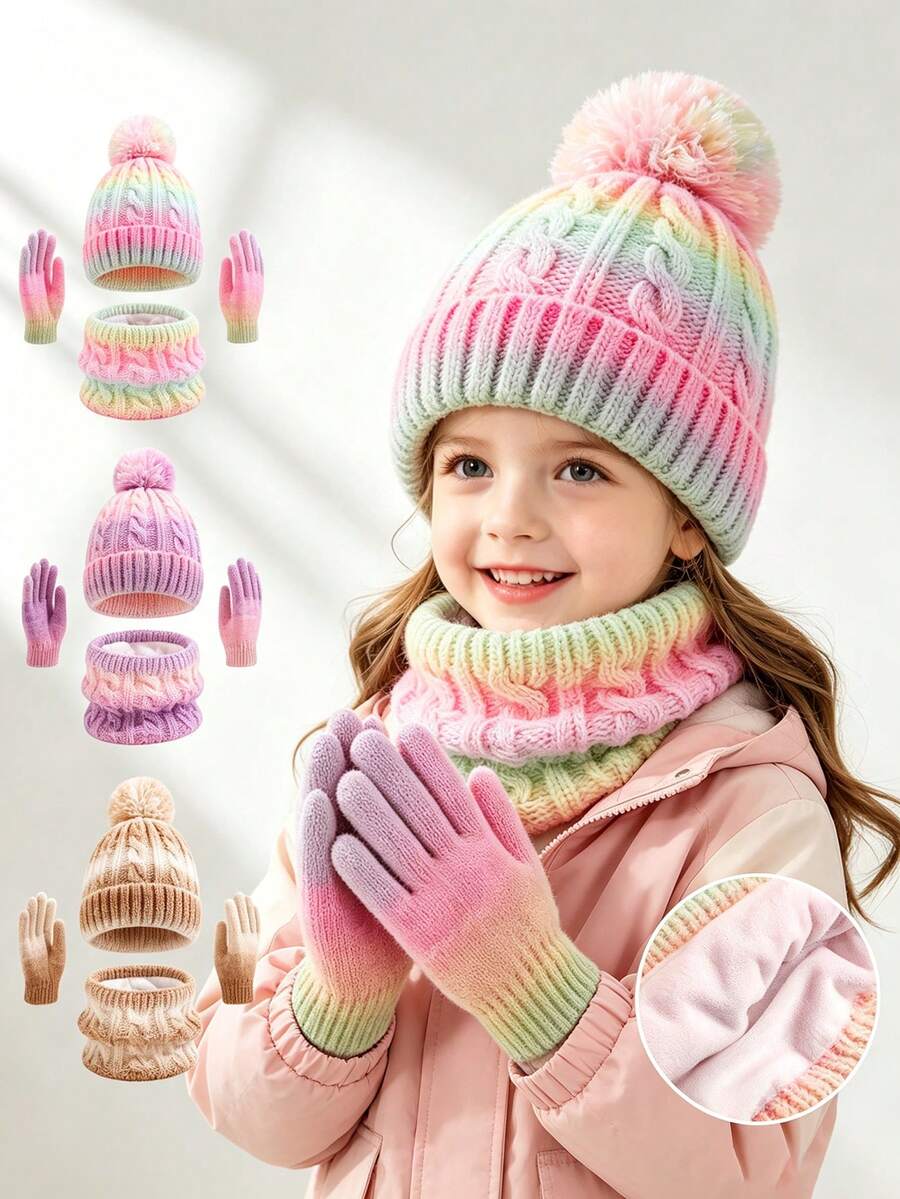 1 Set Tie-Dye Knit Warm Hat Set With Ear Protection, Suitable For 2-8 Years Old Girls - Multicolor - View 1