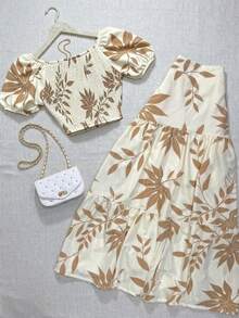 Leaf Print Bohemian Paper Bag Waist Beach Pants Elegant Summer - Multicolor - View 2