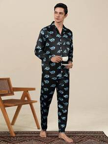 Men's Spring/Autumn Cardigan Faux Silk Pajama Set, Premium Long Sleeve Long Pants Comfortable Loungewear - Multicolor - View 6