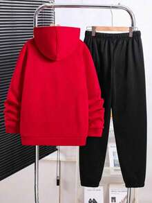 Youth Boy Letter Print Warm Hoodie And Pants Set - Red - View 2