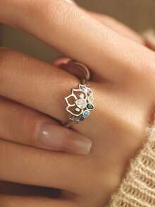 GAGAFEEL 1pc S925 Sterling Silver Elegant Fashion Vintage Colorful Zirconia Lotus Flower Finger Ring For Women, Suitable For Daily Wear, Party Jewelry Gift For Female Friends - Silver - View 2