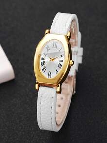 Women's Gift Watch With Embossed PU Leather Strap, Oval Roman Numeral Dial, Small Dial, Luxury Niche Wristwatch, Gift For Best Friend (1pc/Set) Watch Box Not Included - White - View 7