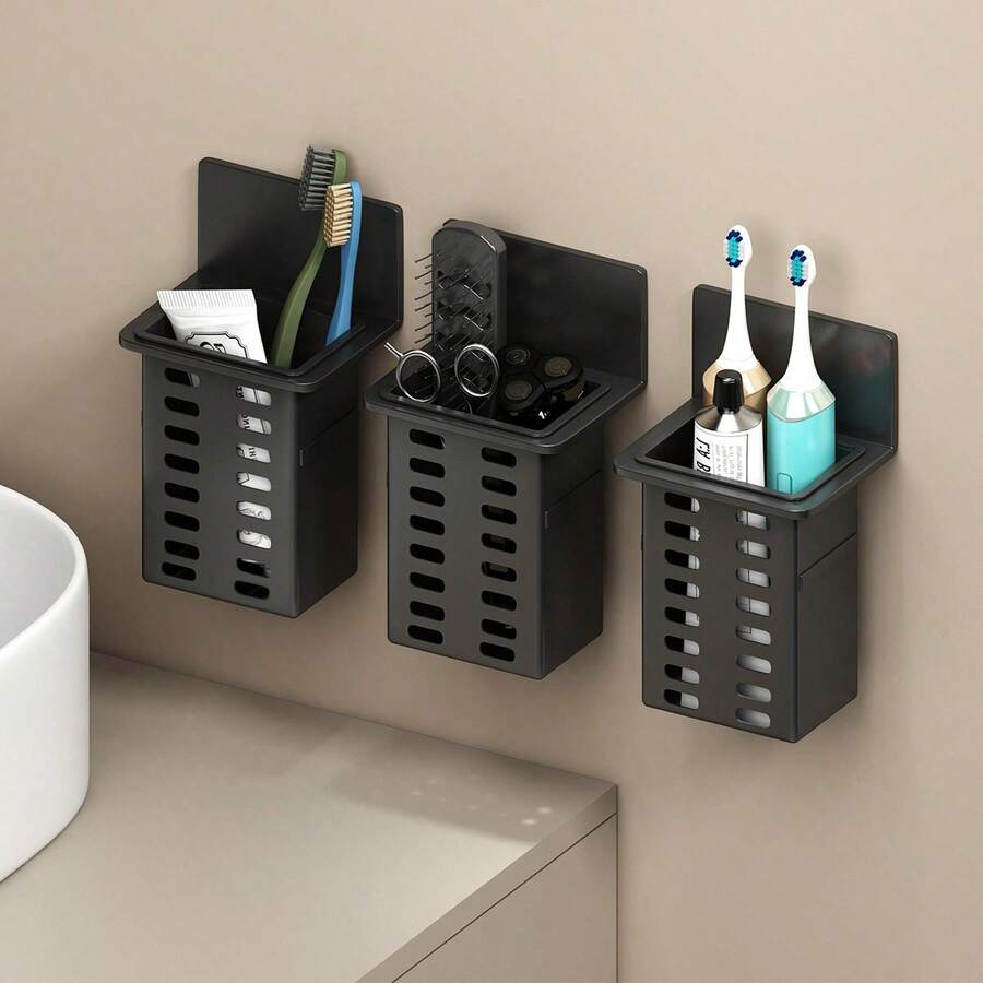 Wall Mounted Toothbrush And Toothpaste Holder For Bathroom In White, Black And Clear Colors With Space For Comb Or Razor And Shower Gel (No Drilling Required) Home Bathroom Decor Fall Decor Back To School - Black - View 1