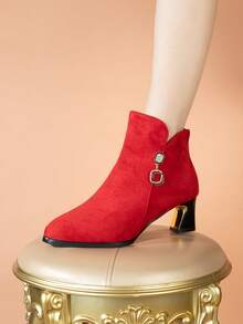 Women's Thermal Lined Warm Ankle Boots, Thick Heel New Autumn/Winter Suede Boots, High-End Style Mom High Heel Shoes - Red - View 4