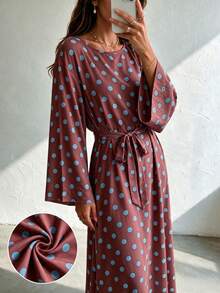 1pc Women's Polka Dot Dress, Wide Sleeves, Self-Tie Waist, Flowy French Style, Casual Commute Dress - Multicolor - View 12