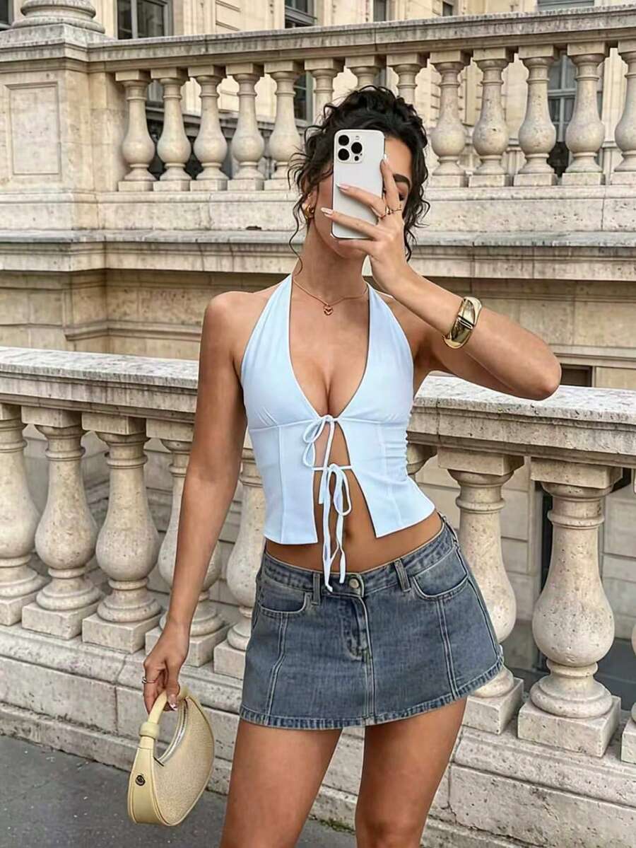 Women's Solid Color Tie-Up Sexy Casual Elegant Street Camisole, Suitable For Spring/Summer - Baby Blue - View 1