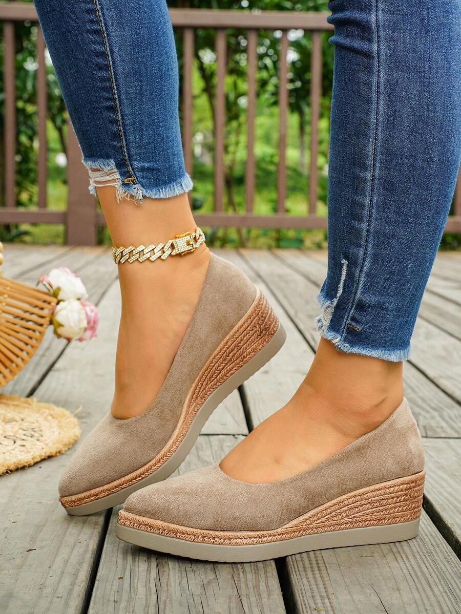European & American Style Suede Wedge Heel Thick Sole Plus Size Women's Pumps, Spring/Autumn New Pointed Toe Low Vamp Slip-On High Heel Shoes For Outdoor Wear - Khaki - View 1