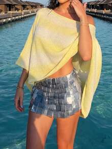 Summer Romantic Vacation Yellow Gradient Loose Knit Cover-Up Shawl Top - Yellow - View 6