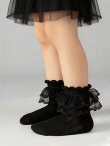 5 Pairs Girls Black Ruffle Pleated Princess Socks, Mesh Breathable Socks, Spring/Summer School Socks, Dance Socks, Suitable For Birthday Gifts/Back To School Dance Performances And Daily Wear, Fit 0-12 - Black - View 4