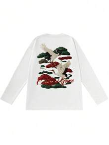 New Chinese Style Crane Pine Tree & Auspicious Cloud Print Long Sleeve T-Shirt, Soft Skin-Friendly Oversize Relaxed Streetwear Commuter Outerwear Base Layer Tee For Men - White - View 5