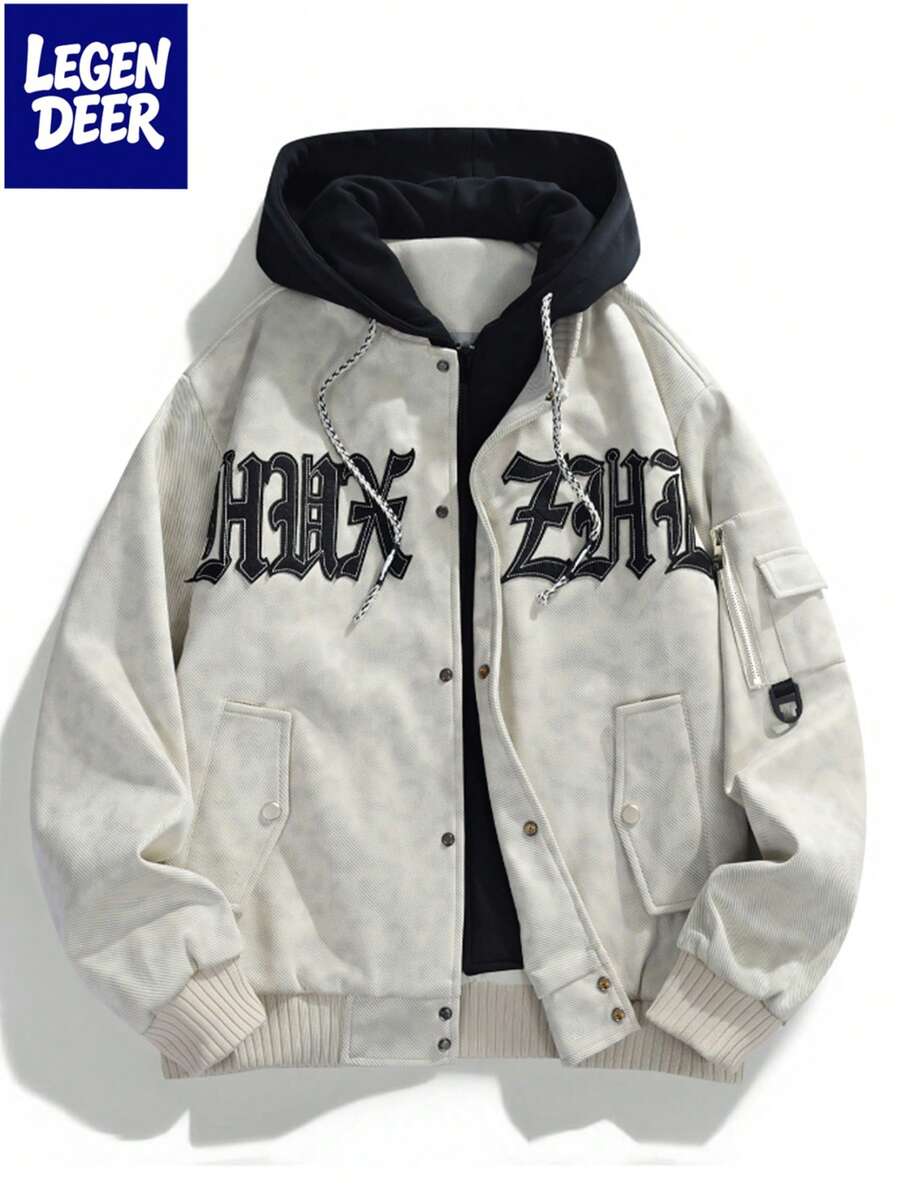 Jaket Baseball Bordir Gaya Kampus Pria Musim Semi/Gugur/Dingin, Jaket Penerbangan Kasual Berkerudung untuk Pasangan - Khaki - View 1