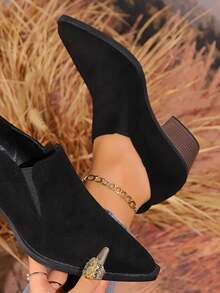Women's Deep Cut Pointed Toe Chunky Heel Pumps, New Style All Season Casual Work Office Business Shoes, Leg-Lengthening Elegant Ankle Boots - Black - View 2