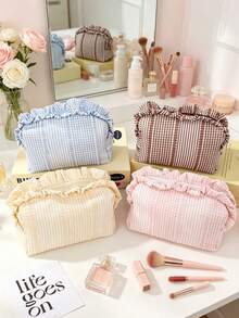 Cute Ruffle Lace Makeup Bag, Women & Girls, Vintage Striped Polka Dot Cosmetic Organizer, Travel Toiletry Bag, Suitable For Daily Use, Vacation And Dorm Storage - Multicolor - View 10