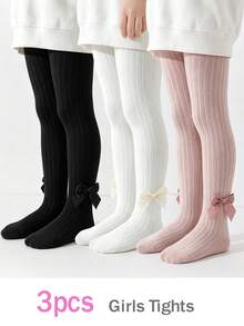 3/1pc Sweet Cute Bow Decor Thick Ribbed Snug Fitting Tights For Baby Girls, Spring Autumn All Season Versatile Base Layer Tights, Lady Princess Style, Suitable For Girls School, Outdoor And Daily Wear - Multicolor - View 11