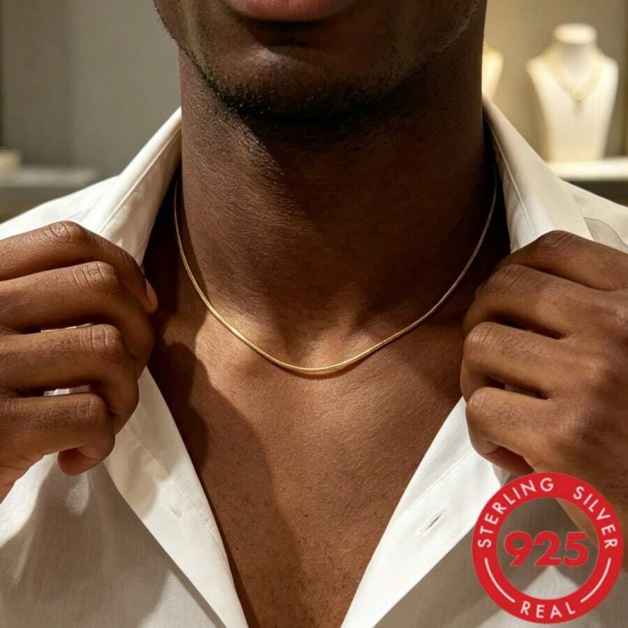 1pc S925 Sterling Silver Men's Minimalist Style Gold Snake Chain Necklace, Smooth Polished Surface, Delicate Skin-Friendly, Classic Simple Versatile, Ideal Jewelry Gift For Him, Suitable For Daily, Business, Street, Party And Dating Occasions - Snake Chain - Gold - View 1