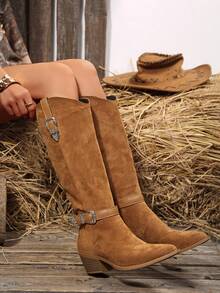 Brown Faux Suede Western Knee-High Boots, Metal Buckle Decor Pointed Toe Chunky Mid-Heel Cowboy Boots, Women's Vintage Country Style Riding Boots - Brown - View 6