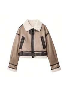 Women Retro Loose Spliced Faux Leather Soft Fur Short Jacket Winter Female Zipper Belt Coat Vintage Outwear - Khaki - View 9