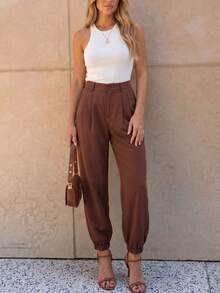 Women High Waist Pleated Front Jogger Pants, Solid Loose Tapered Elastic Cuff Work Trousers, Casual Office Wear,Halloween - Coffee Brown - View 6