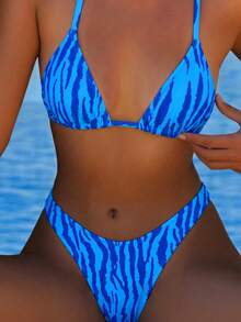 Traje de baño de mujer con estampado de rayas básico, adecuado para varias ocasiones desde la piscina hasta la playa en verano, bikini triangular mini diario para playa y vacaciones - Azul oscuro - Ver 2