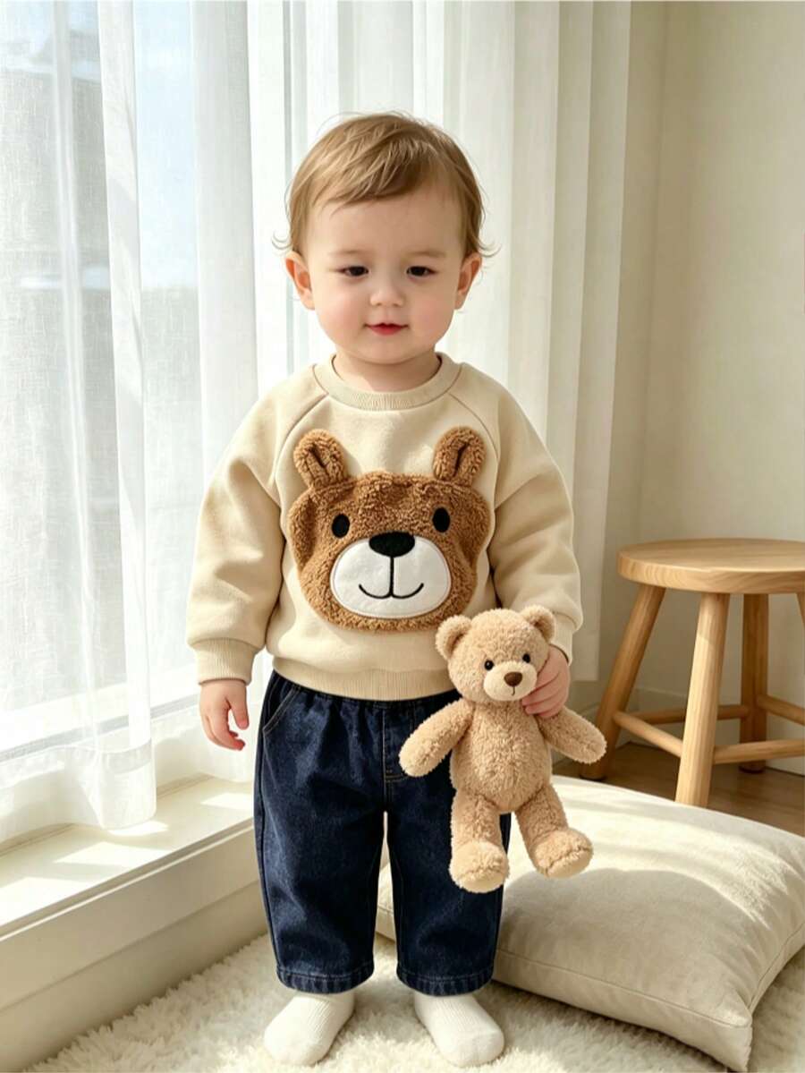 Baby Boy Beige Bear Head Plush Sweatshirt & Dark Blue Loose Denim Jeans ...