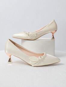 Fashionable Elegant Beaded Decor Pointed Toe High Heel Shoes - Beige - View 5