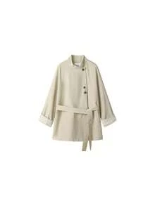 Chic Stand Collar Vintage Trench Coat Button Jacket, Airport Outfit, Travel Daily Wear, Spring Autumn - Khaki - View 3