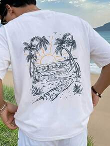 T-shirt à manches courtes col rond style décontracté américain, style plage côtière avec palmiers, convient pour la maison, le bureau, l'extérieur, la ville, régulier, loisirs, élégant, jeunesse, minimaliste, polyvalent, texturé, gracieux, naturel, littéraire - Blanc - Voir 1