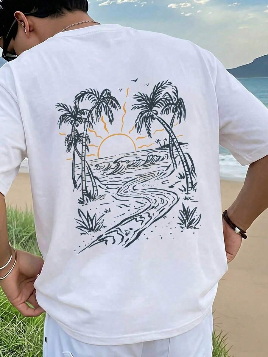 T-shirt à manches courtes col rond style décontracté américain, style plage côtière avec palmiers, convient pour la maison, le bureau, l'extérieur, la ville, régulier, loisirs, élégant, jeunesse, minimaliste, polyvalent, texturé, gracieux, naturel, littéraire - Blanc - Voir 1