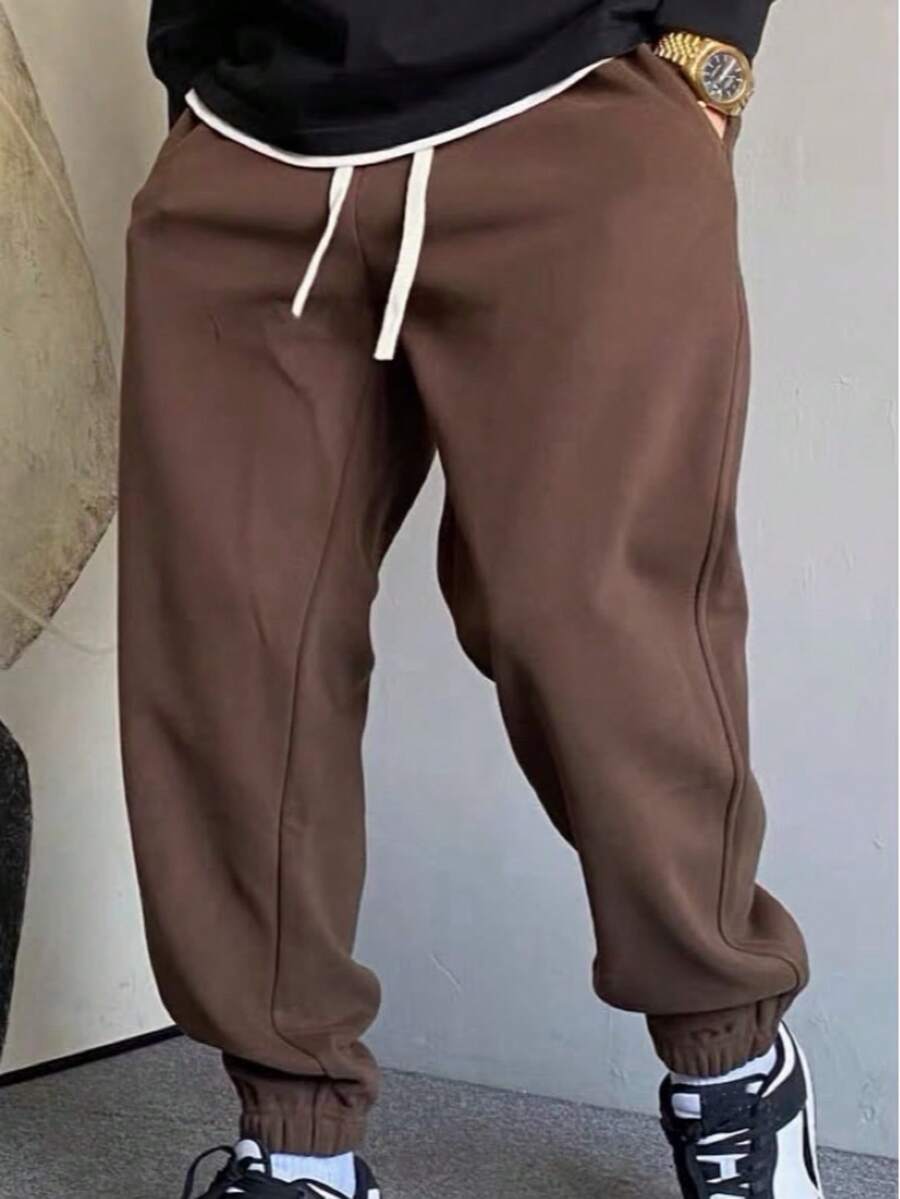 Men's Slim Fit Jogger Sweatpants With Pockets And Cuffs, Unisex, On - 棕色 - 查看 1