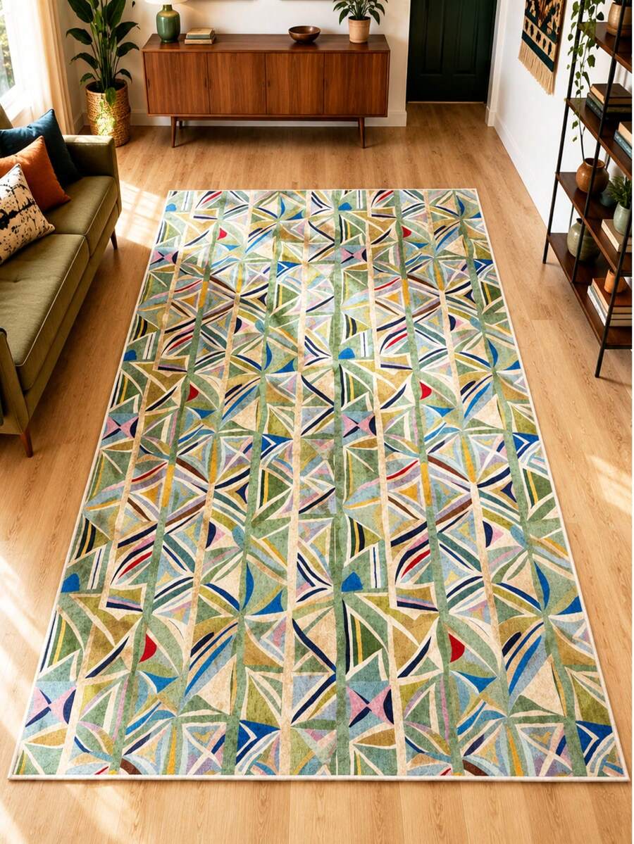 Chilai Home Retro Postage Stamp Border Green Area Rug, Textured Pattern Floor Mat For Living Room, Bedroom & Home Decor, Made In Türkiye - Green - View 1