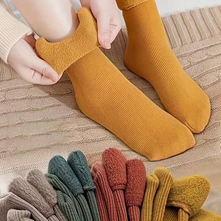 4 Pairs Women's Vertical Striped Thermal Lined Thick Mid-Calf Warm Floor Socks, Autumn/Winter - Crew Socks - View 1