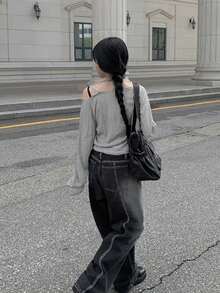 YCYC Gaya Korea Musim Gugur/Dingin Kaos Kasual Seksi Tanpa Bahu dengan Detail Kerut dan Tali Serut - Grey - View 7