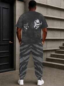 Plus Size Men's 2 Pieces Set, Men's Long Pants, Graphic T-Shirt, Streetwear Series "Jagged Stripes Tiger Head Print" Pattern Outfit - Polyester Fabric, Drawstring, Pockets, Suitable For Plus Size - Dark Grey - View 5