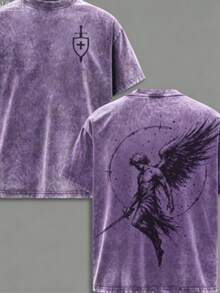 Men's Washed Angel Michael Graphic T-Shirt Flame Sword Shield Justice Symbol Christian Jesus Faith Tee Casual Streetwear Round Neck Summer Vacation Ou - 紫色 - 查看 8