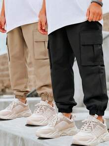 Set de 2 pantalones cargo casuales y de moda con múltiples bolsillos para niño, versátiles para uso diario - Negro - Ver 8