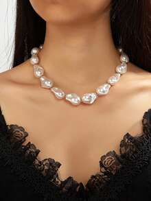 Vintage Style Pearl Necklace, Elegant Asymmetrical Baroque Pearl Necklace Accessory - Style 1 - View 6