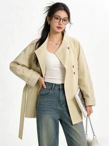 Chic Stand Collar Vintage Trench Coat Button Jacket, Airport Outfit, Travel Daily Wear, Spring Autumn - Khaki - View 6