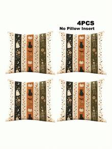 1/2/4pcs Faux Linen Halloween Gift Pillow Covers, Halloween Gift, Vintage Vertical Stripe Ghost Black Cat Pumpkin Skeleton Autumn Flower Illustration Print Pattern, Zipper Closure Easy To Remove And Install, Machine Washable, Pillow Insert Not Included - Multicolor - View 10