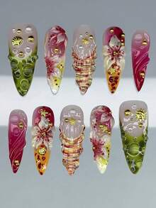 Y2K Floral Acrylic Nail Tips 10pcs/Pack, Long Almond Shape Press-On Nails, DIY 3D Luxury Style Artificial Nails Set With Shell/Starfish/Gold Bead Decor, Suitable For Women Nail Salon Supplies - Multicolor - View 1