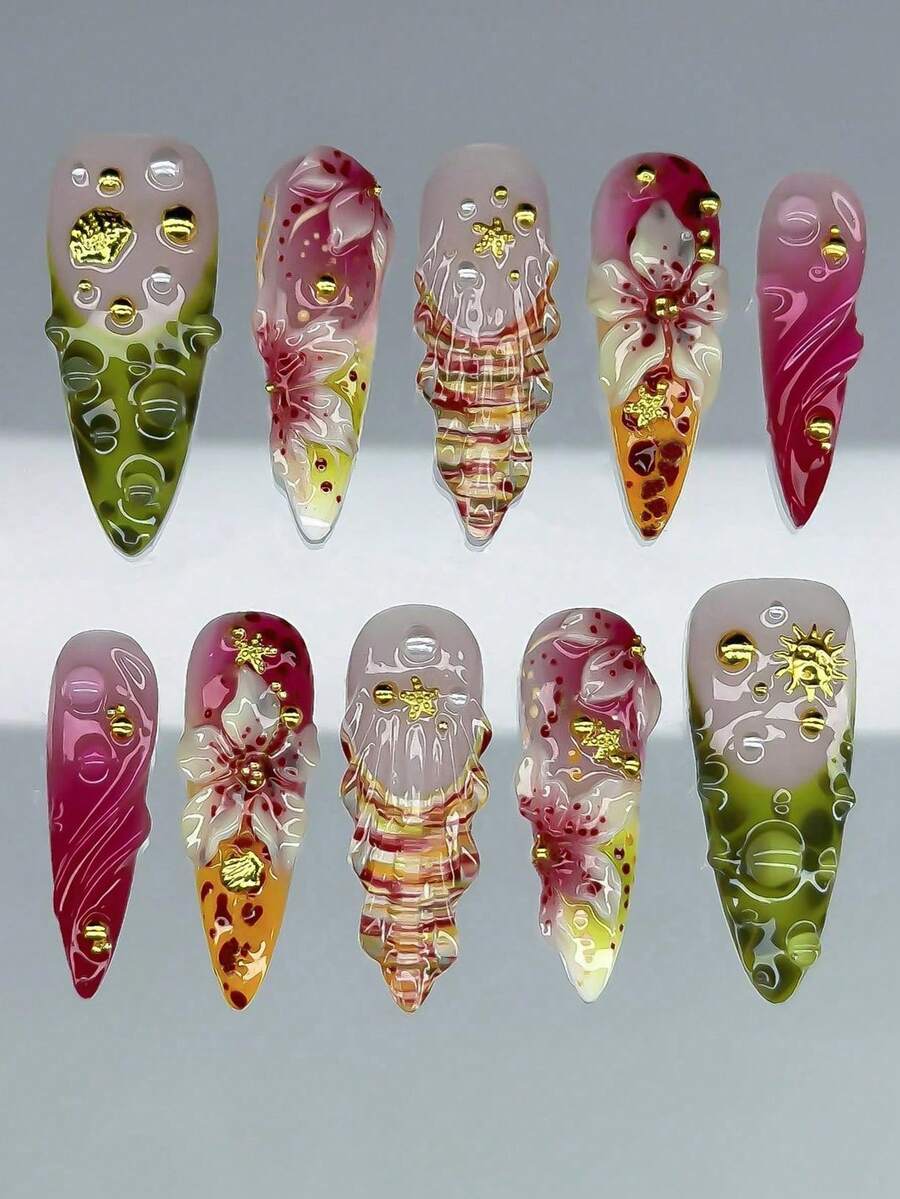 Y2K Floral Acrylic Nail Tips 10pcs/Pack, Long Almond Shape Press-On Nails, DIY 3D Luxury Style Artificial Nails Set With Shell/Starfish/Gold Bead Decor, Suitable For Women Nail Salon Supplies - Multicolor - View 1
