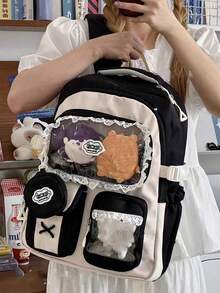 1件高吸引力甜美女孩時尚後背包，蕾絲飾邊凸顯精緻優雅，日系校園風大容量學生書包，雙隔層多口袋對比色設計，附吊飾零錢包，日系動漫可愛DIY痛包，透明裝飾包 - 彩色 - 查看 3