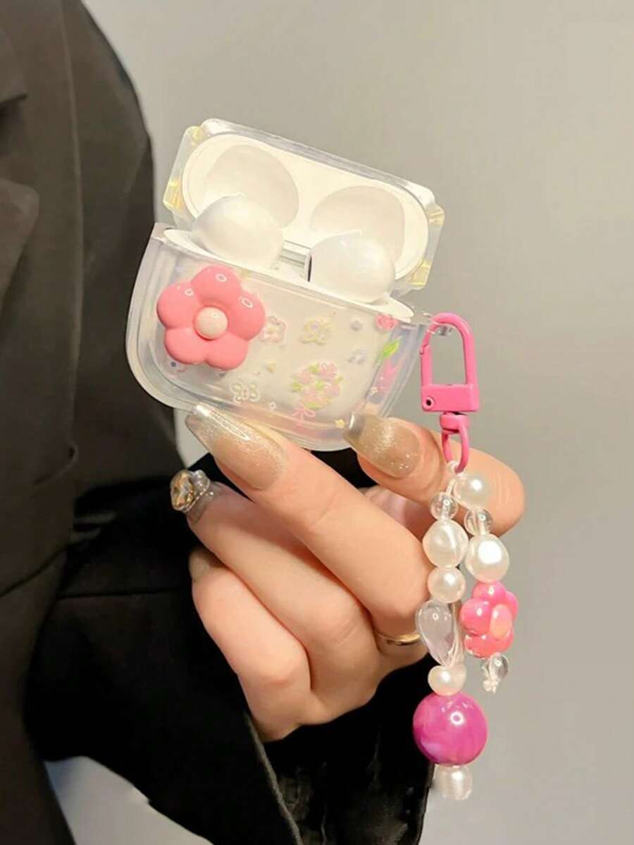 3D Pink Flower Transparent Protective Case With Pearl Keychain, Cute Floral Kawaii Earphone Cover, Compatible With AirPods Pro 2 Pro 3 2 1, Soft Shockproof TPU Protective Case, Suitable For Girls