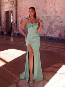 ADYCE Elegant Strapless Rhinestone Pleated High Waist Slit Backless Tie Floor-Length Party Dress, Suitable For Prom, Birthday Party, Evening Date, Christmas Birthday - Green - View 1