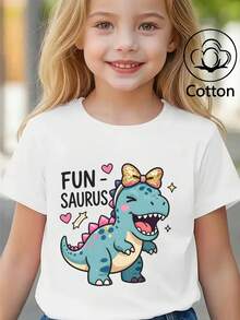 Summer/Autumn Cotton Short-Sleeved T-Shirt For Girls, Featuring A Cute Cartoon Blue And Green Dinosaur Print, In A Sweet And Charming Style - White - View 7