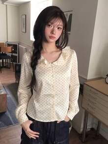 Retro Niche Polka Dot Frill Trim Round Neck Satin Long Sleeve Shirt For Women, New Arrival Early Spring, Versatile & Elegant - Apricot - View 1